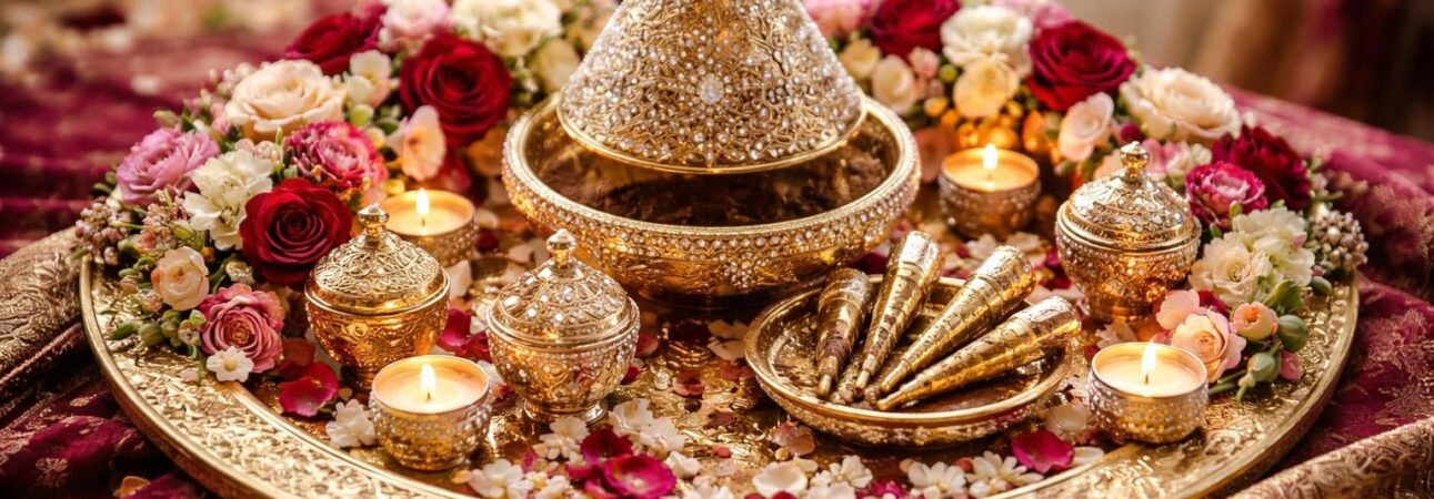 découvrez les plus belles décorations pour sublimer votre plateau de henné et rendre votre mariage inoubliable.