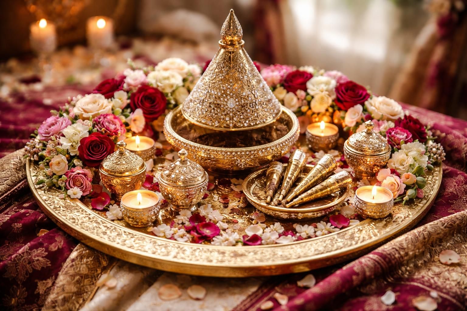 découvrez les plus belles décorations pour sublimer votre plateau de henné et rendre votre mariage inoubliable.