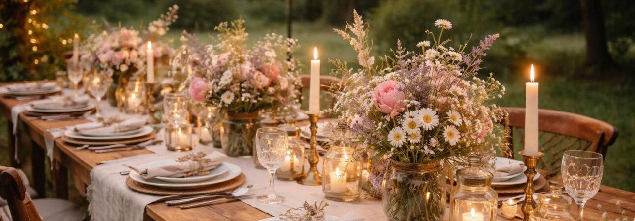découvrez nos tables guinguette pour mariage avec une décoration champêtre, des fleurs naturelles et des accessoires élégants pour une ambiance festive et romantique.