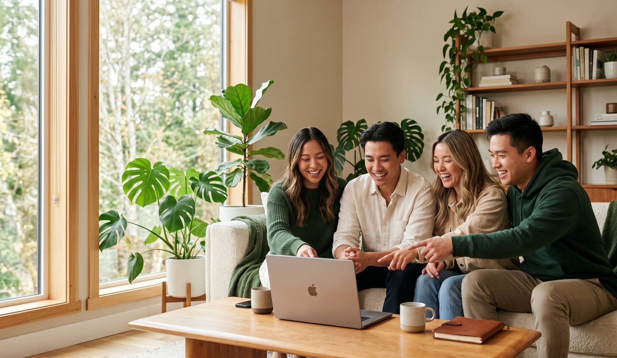 2 Group of friends gathered around a laptop in a bright modern Canadian living room, smiling and pointing at the screen, soft daylight streaming through a large window, plants and warm wood accents in the backgroun