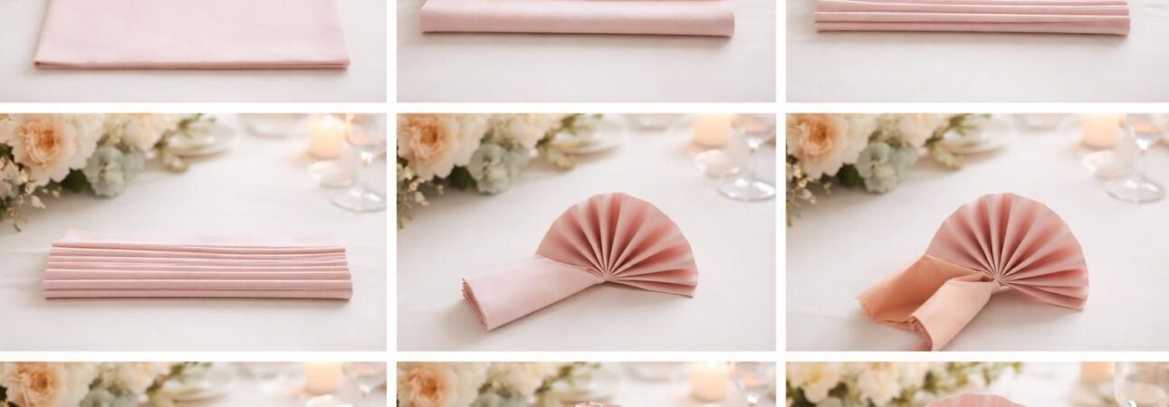 apprenez à réaliser un pliage de serviette en tissu en forme d'éventail pour sublimer vos tables de mariage avec notre guide étape par étape simple et élégant.