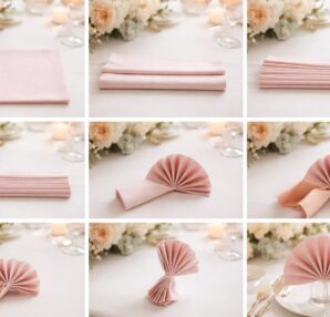 apprenez à réaliser un pliage de serviette en tissu en forme d'éventail pour sublimer vos tables de mariage avec notre guide étape par étape simple et élégant.