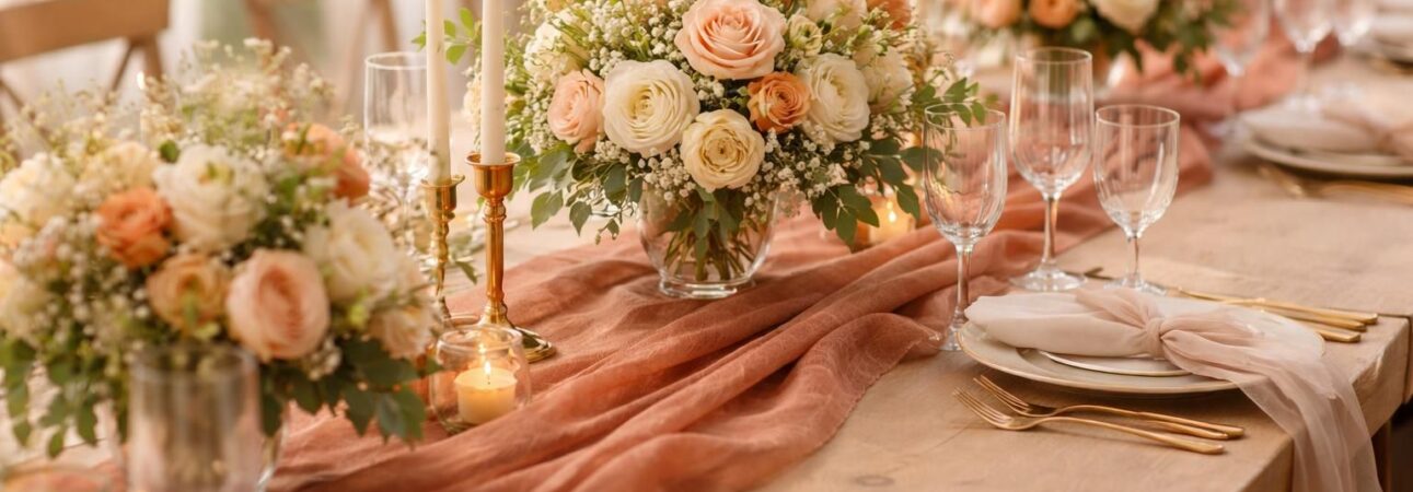 découvrez notre chemin de table terracotta en intissé, idéal pour décorer le centre de table de votre mariage avec élégance et charme naturel.