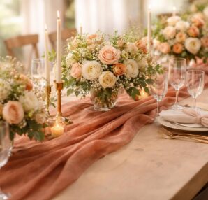 découvrez notre chemin de table terracotta en intissé, idéal pour décorer le centre de table de votre mariage avec élégance et charme naturel.
