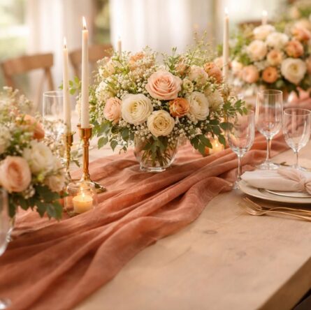 découvrez notre chemin de table terracotta en intissé, idéal pour décorer le centre de table de votre mariage avec élégance et charme naturel.