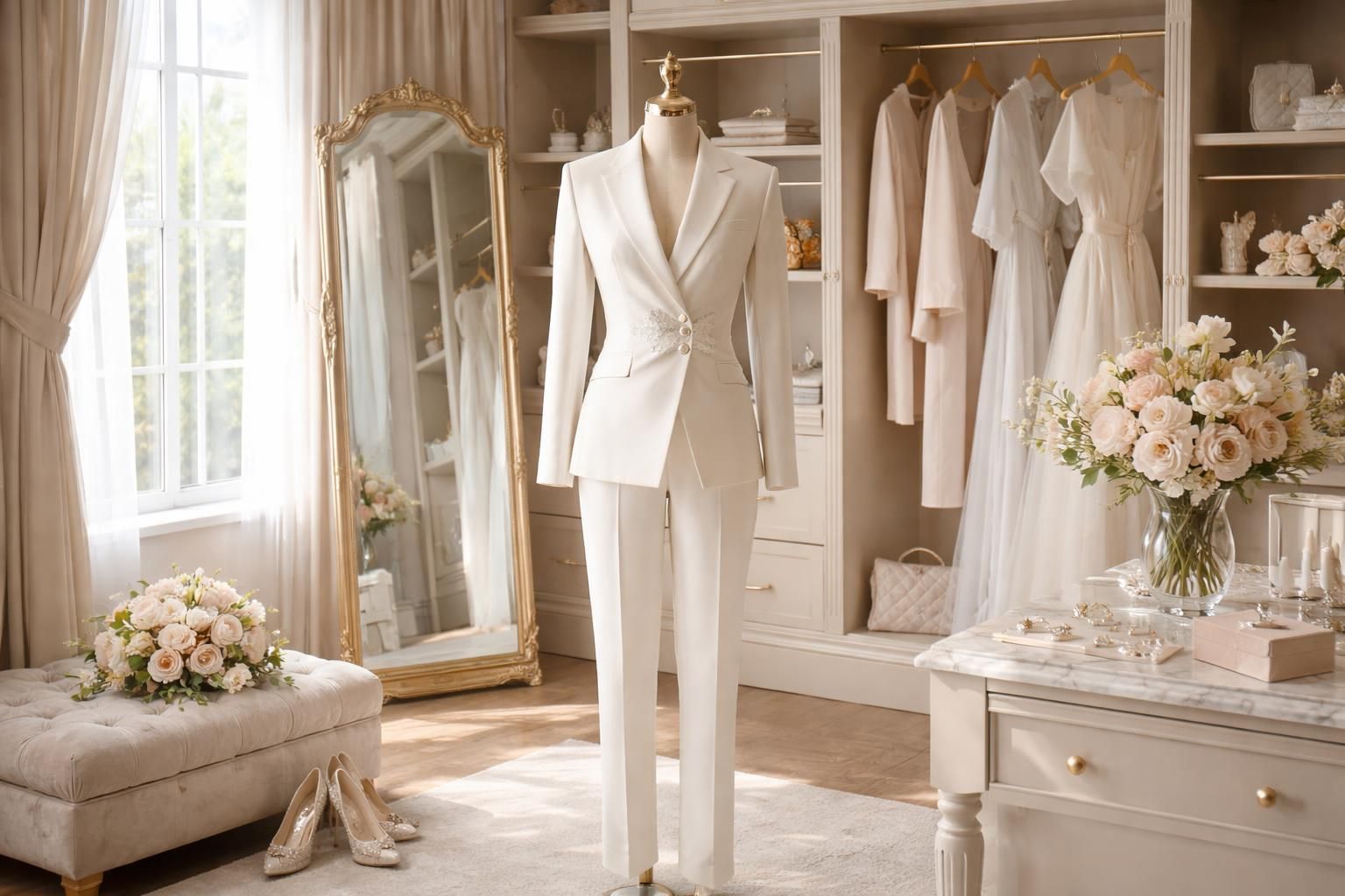 découvrez comment intégrer un tailleur élégant pour la mariée dans le dressing du grand jour, en harmonie avec votre thème pour une cérémonie unique et stylée.