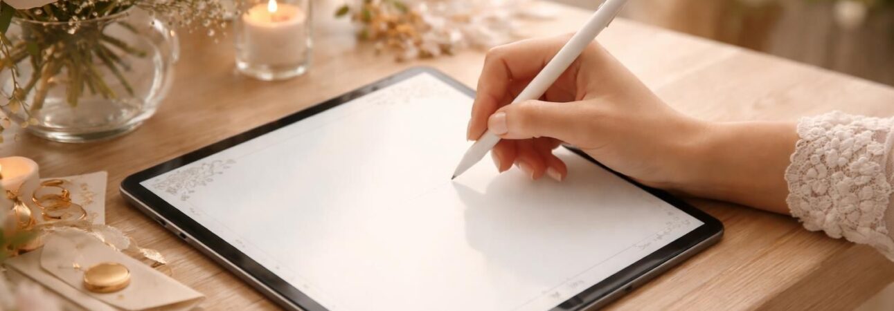 apprenez à rédiger des vœux de mariage clairs et élégants en utilisant une tablette tactile pour un résultat propre et facile à lire.