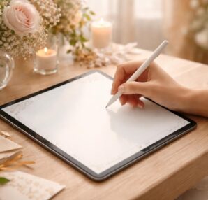 apprenez à rédiger des vœux de mariage clairs et élégants en utilisant une tablette tactile pour un résultat propre et facile à lire.