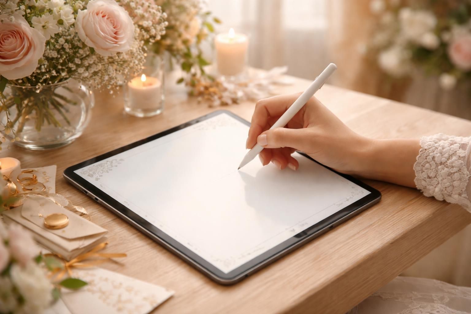 apprenez à rédiger des vœux de mariage clairs et élégants en utilisant une tablette tactile pour un résultat propre et facile à lire.