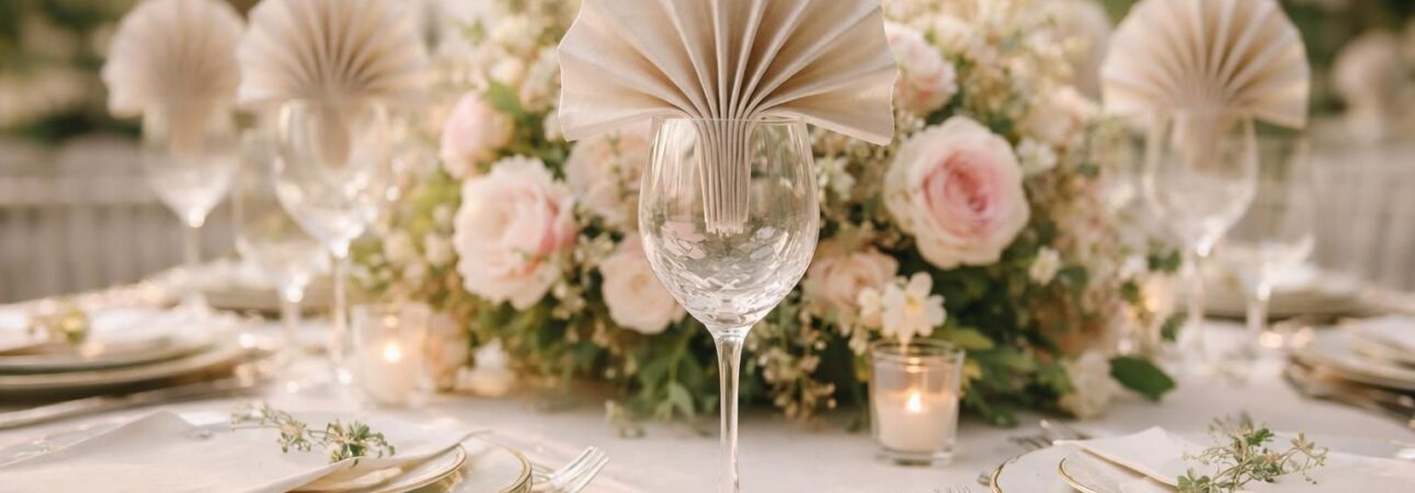 découvrez comment sublimer votre table de mariage avec des pliages de serviettes élégants placés sur les verres pour une décoration raffinée et originale.
