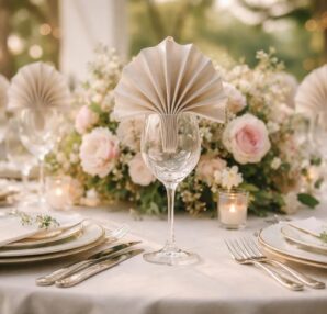 découvrez comment sublimer votre table de mariage avec des pliages de serviettes élégants placés sur les verres pour une décoration raffinée et originale.