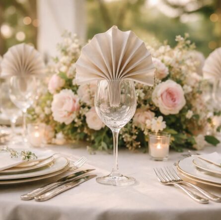 découvrez comment sublimer votre table de mariage avec des pliages de serviettes élégants placés sur les verres pour une décoration raffinée et originale.