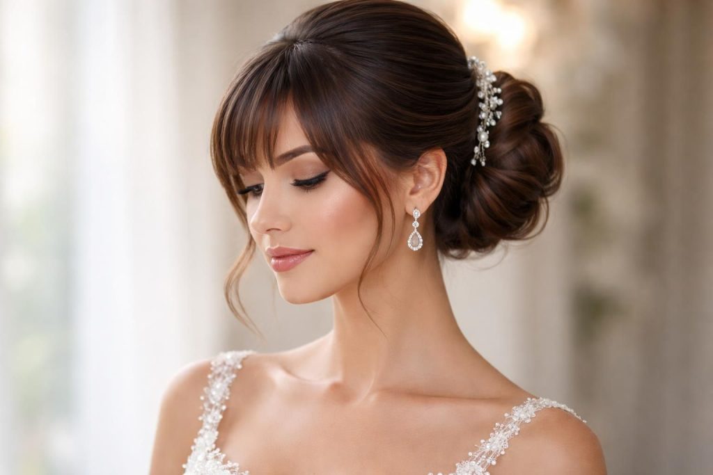 découvrez notre guide coiffure de mariage avec un chignon élégant et une frange stylée pour un look chic et moderne, parfait pour votre jour spécial.