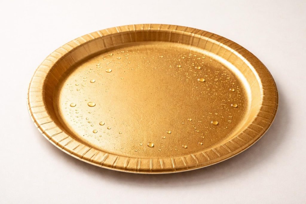 grande assiette de table dorée discount, lavable et réutilisable en carton, parfaite pour vos repas élégants et écoresponsables.