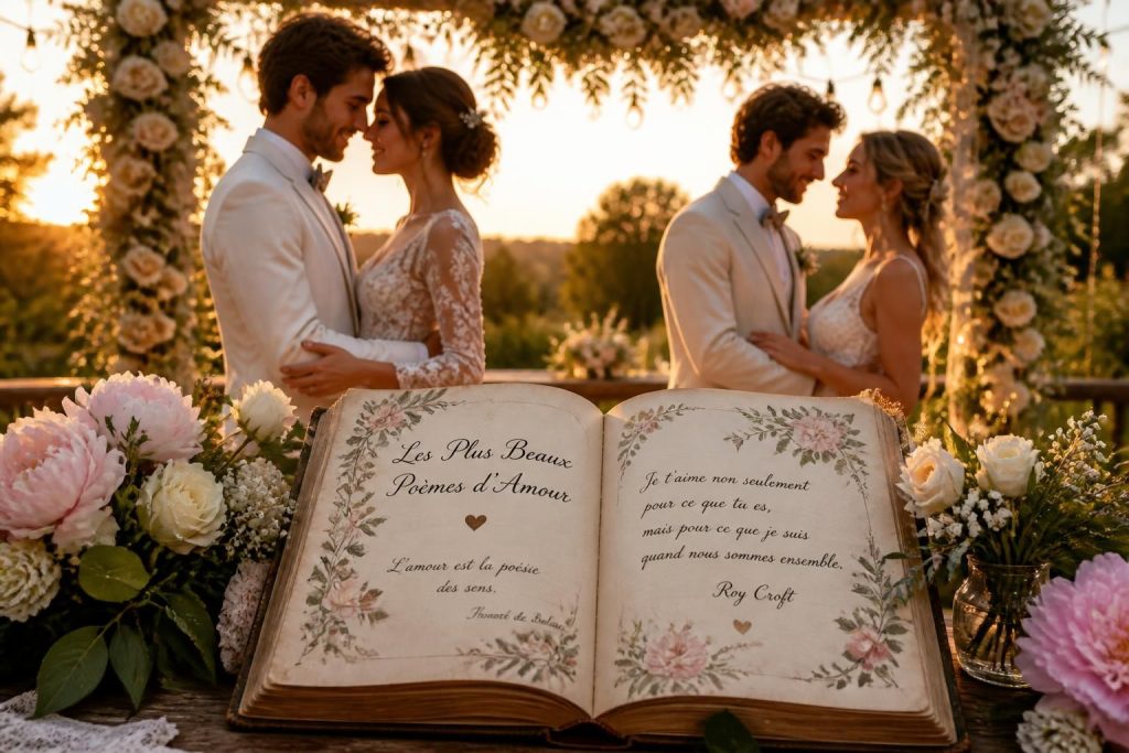 découvrez une sélection des plus beaux poèmes d’amour parfaits pour un mariage, à partager pour émouvoir et célébrer l'amour lors de ce jour unique.