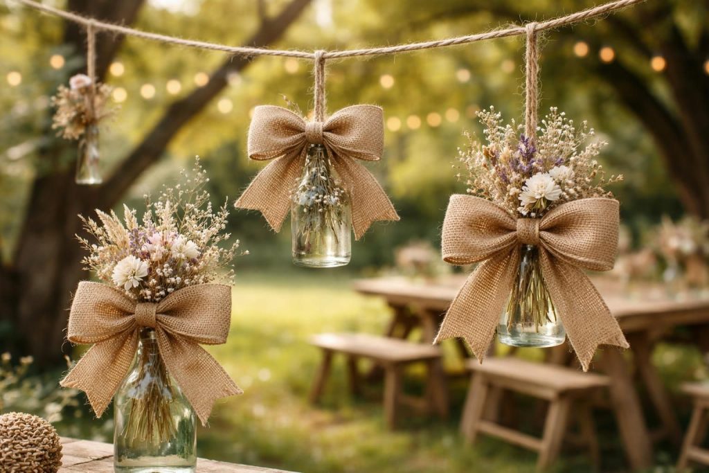 découvrez comment réaliser des noeuds en toile de jute pour une décoration de mariage diy champêtre, simple et élégante, parfaite pour un ambiance rustique et naturelle.