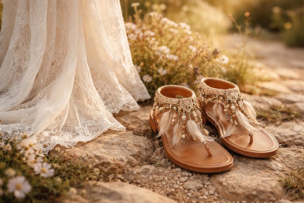découvrez nos idées de sandales bohèmes élégantes pour sublimer votre robe de mariage et créer un look harmonieux et tendance.