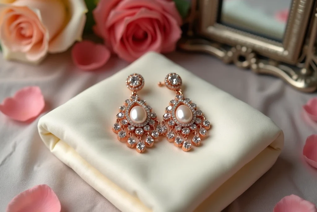 Boucles d'oreilles chandelier en or rose avec cristaux pavé et perles d'eau douce posées sur velours ivoire, style haute couture mariage
