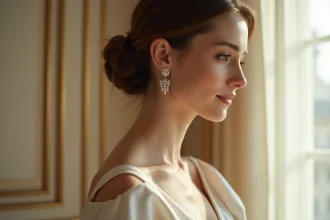Mariée portant des boucles d'oreilles pendantes en perles et diamants, gros plan sur le détail haute couture dans un intérieur parisien élégant