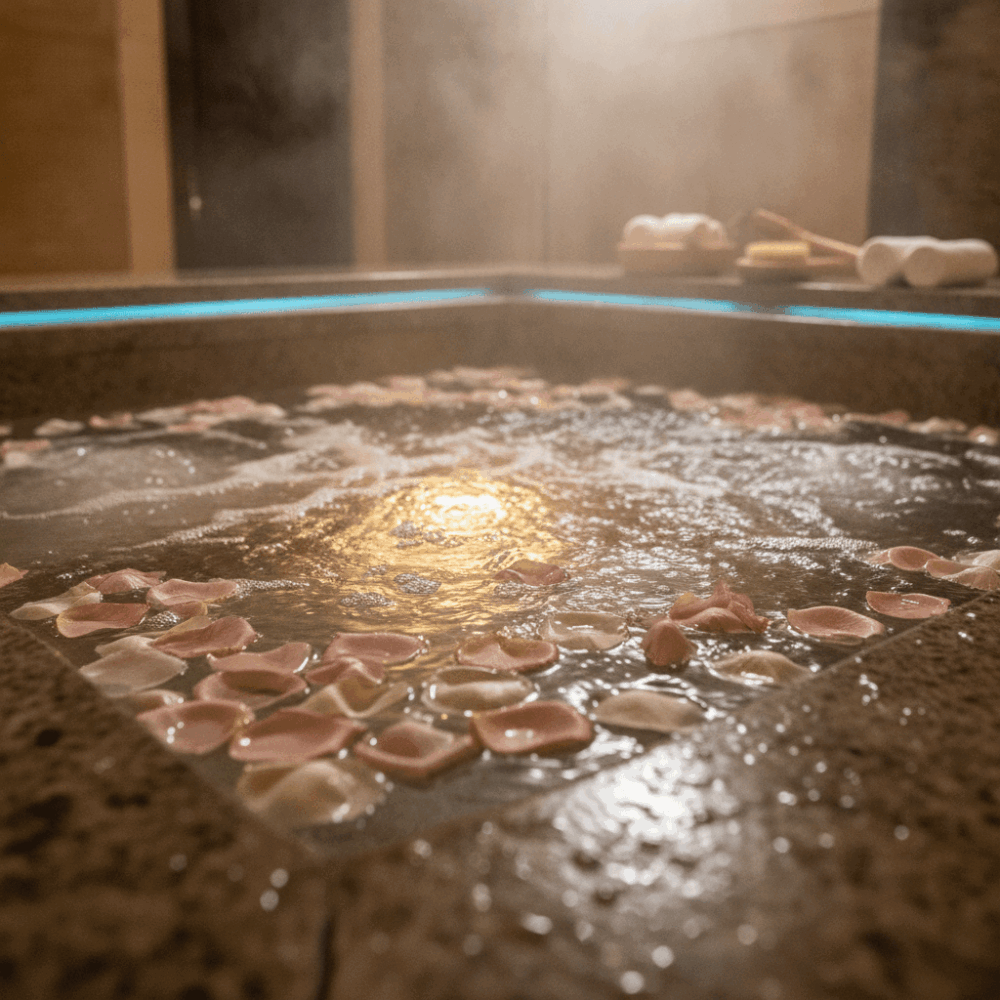 Jacuzzi privatif XXL avec eau bouillonnante et pétales de roses dans suite wellness romantique