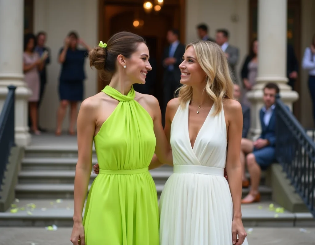 Deux femmes côte à côte après un mariage civil, l'une en robe trop voyante qui contraste avec la tenue de la mariée