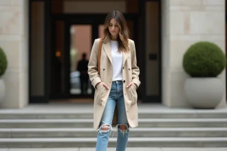 Femme en tenue trop décontractée devant une mairie lors d'un mariage civil, erreur de style vestimentaire