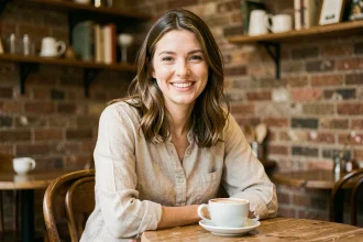 Jeune femme souriante dans un café parisien, portrait éditorial naturel illustrant une histoire de couple