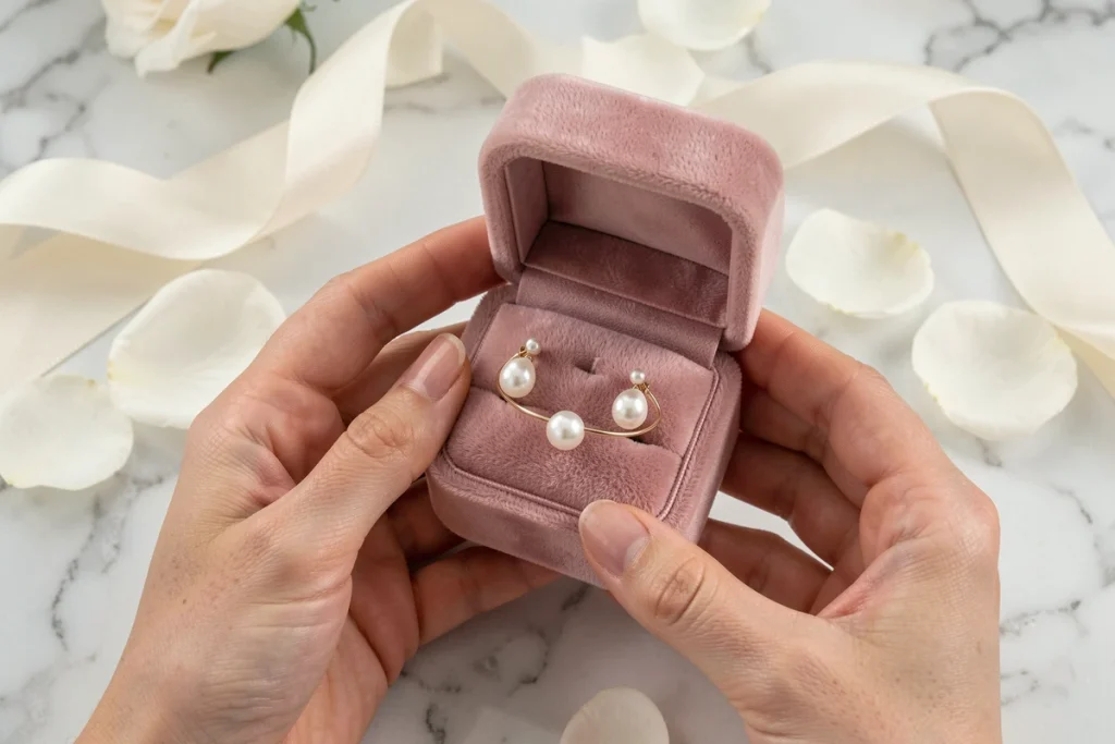 Boîte à bijoux de mariage ouverte présentant des boucles d'oreilles perles et bracelet or minimaliste sur marbre blanc