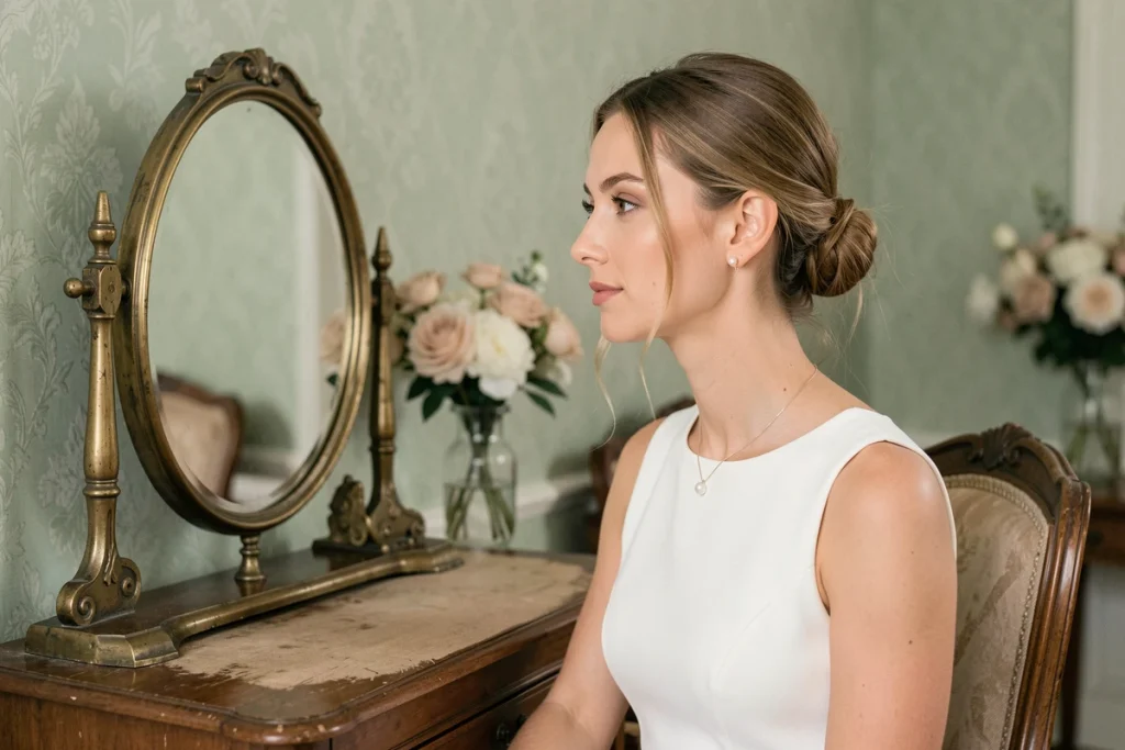 Mariée élégante en robe blanche minimaliste avec bijoux perles discrets assise devant un miroir vintage dans un boudoir raffiné