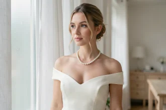 Mariée minimaliste portant un collier de perles d'eau douce sur une robe de mariée en soie ivoire, composition portrait élégante