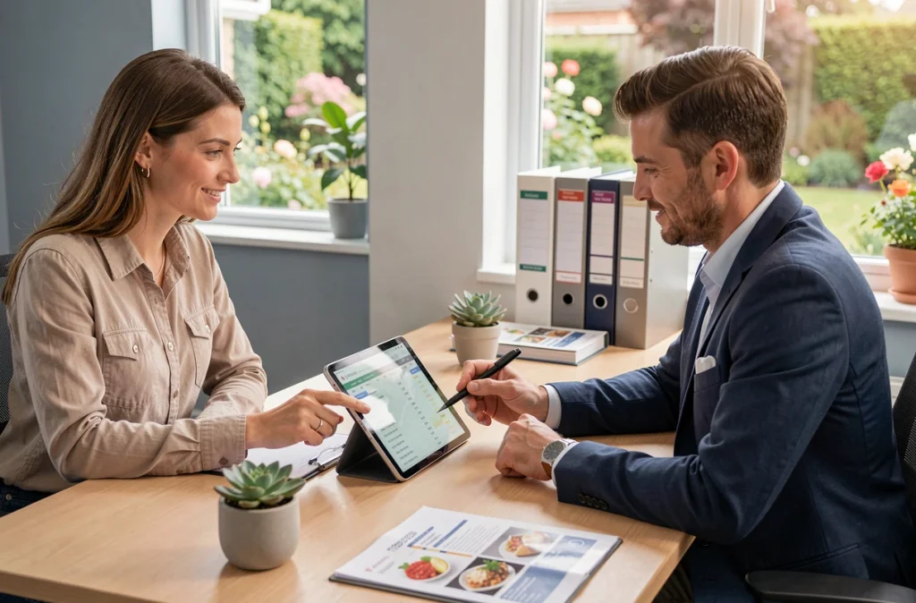 Un couple de mariés négociant le budget par personne avec un traiteur autour d'un tableau comparatif sur tablette numérique