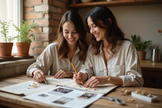 Deux femmes assemblant un album photo fait main pour célébrer un PACS, entourées de matériaux créatifs sur une table en bois rustique