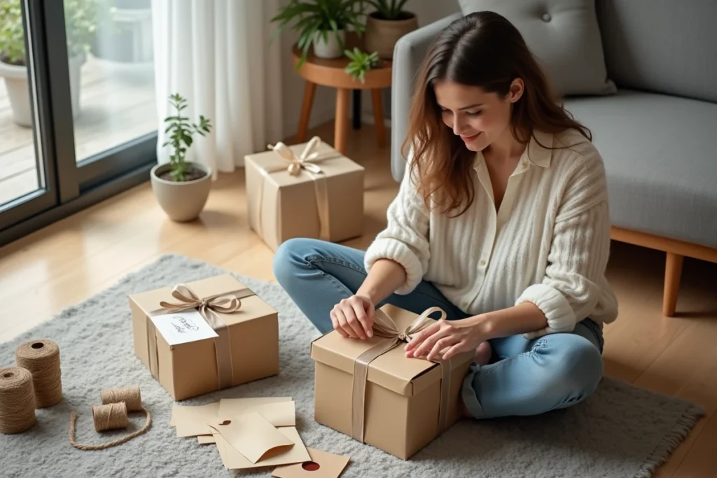 Femme emballant un cadeau de PACS fait main avec papier kraft, ficelle et cachet de cire dans un intérieur minimaliste