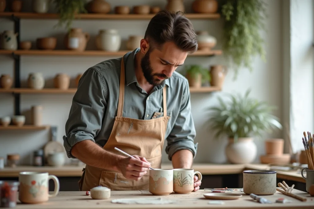 Homme peignant des mugs en céramique faits main décorés de motifs botaniques comme cadeau original pour un PACS