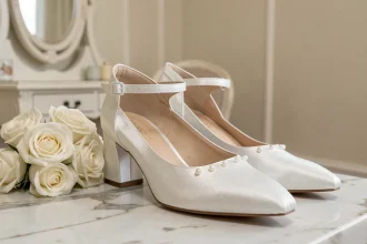 Chaussures blanches de mariage en satin à talon bloc posées sur du marbre avec un bouquet de roses ivoire