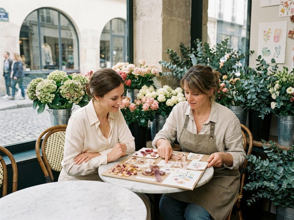 Consultation entre une mariée et une fleuriste événementielle dans une boutique florale chic à Paris