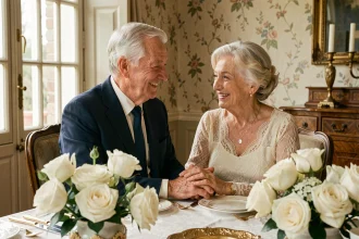 Couple de personnes âgées célébrant 70 ans de mariage autour d'une table décorée de roses blanches et d'ornements dorés