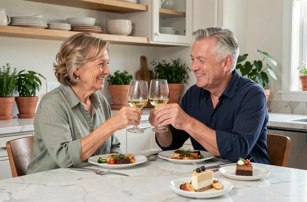 Couple fêtant leurs 36 ans de mariage autour d'un repas gastronomique fait maison dans une cuisine élégante