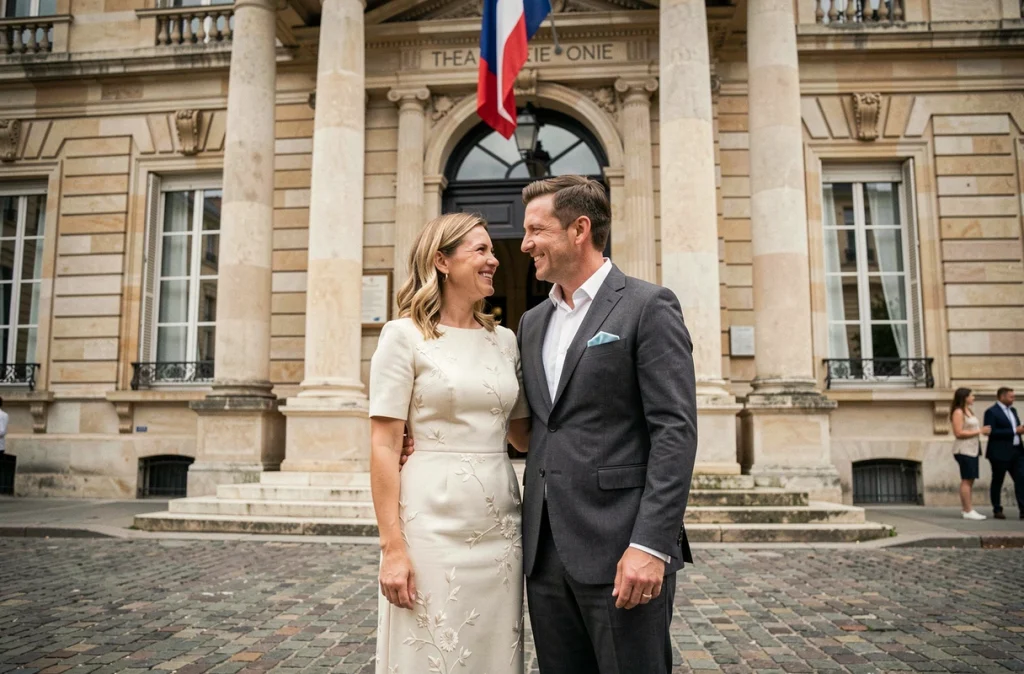 Couple élégant devant la façade d'une mairie française avec colonnades et drapeau tricolore pour une cérémonie de mariage