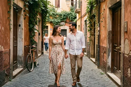 Couple de jeunes mariés se promenant dans une ruelle pavée de Rome lors de leur voyage de noces en Italie