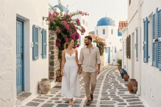 Couple de jeunes mariés se promenant dans une ruelle blanchie à la chaux à Santorin avec des dômes bleus en arrière-plan