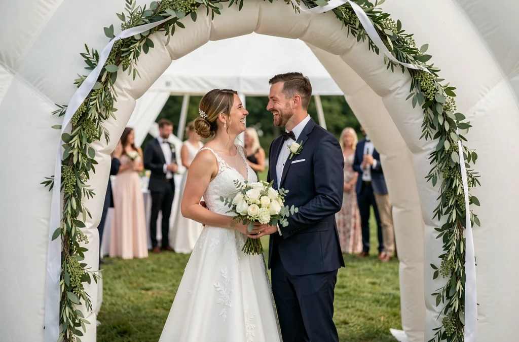 Couple de mariés souriants devant l'entrée décorée d'une tente gonflable de réception