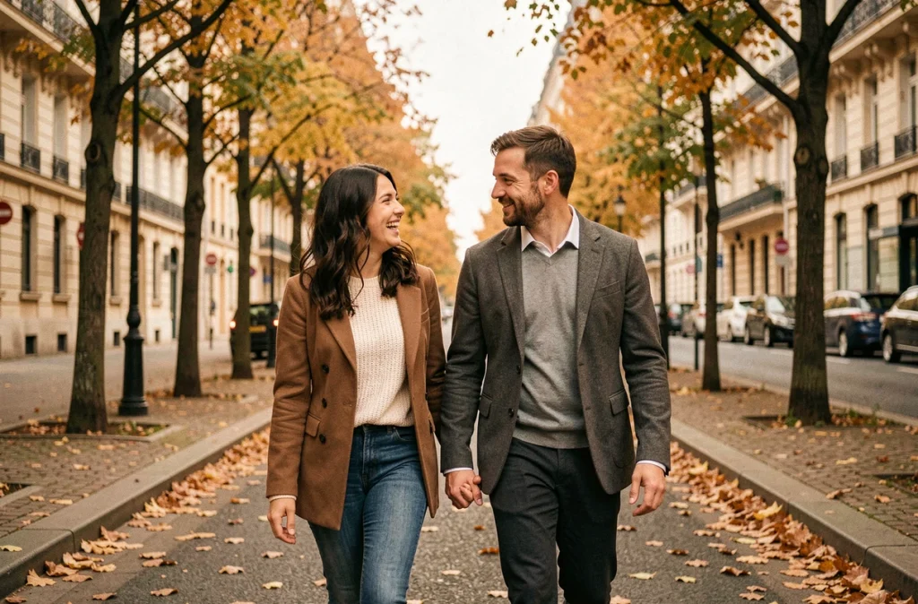 Couple complice se promenant dans une rue parisienne en automne, illustrant le début d'une histoire d'amour