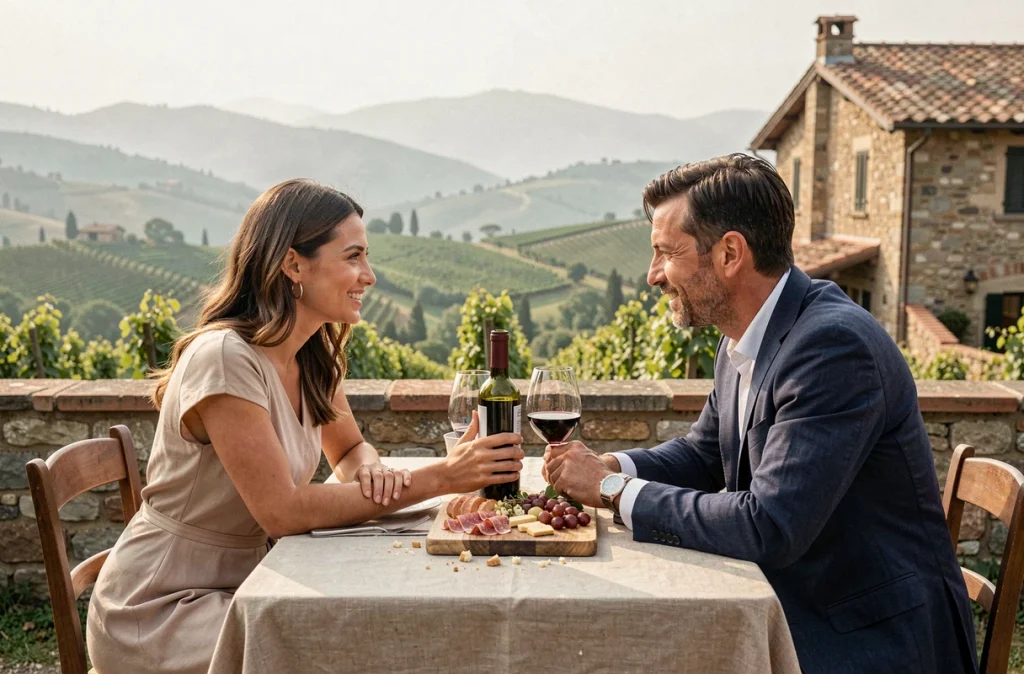 Couple amoureux dégustant du vin rouge toscan en terrasse d'une trattoria lors d'un séjour romantique en Italie