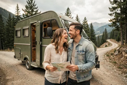 Couple en lune de miel appuyé contre leur van aménagé vert olive sur une route de montagne entourée de pins