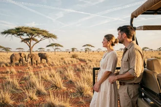 Couple en voyage de noces lors d'un safari en Afrique, admirant des éléphants dans la savane depuis un véhicule tout-terrain