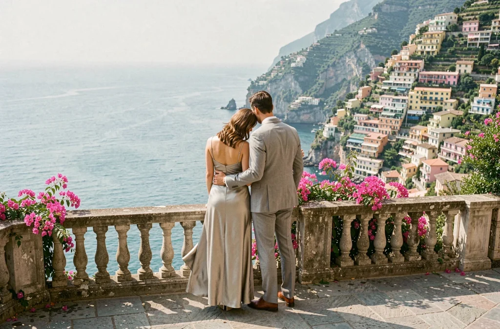 Couple en voyage de noces contemplant la vue panoramique sur la côte amalfitaine depuis une terrasse en pierre fleurie