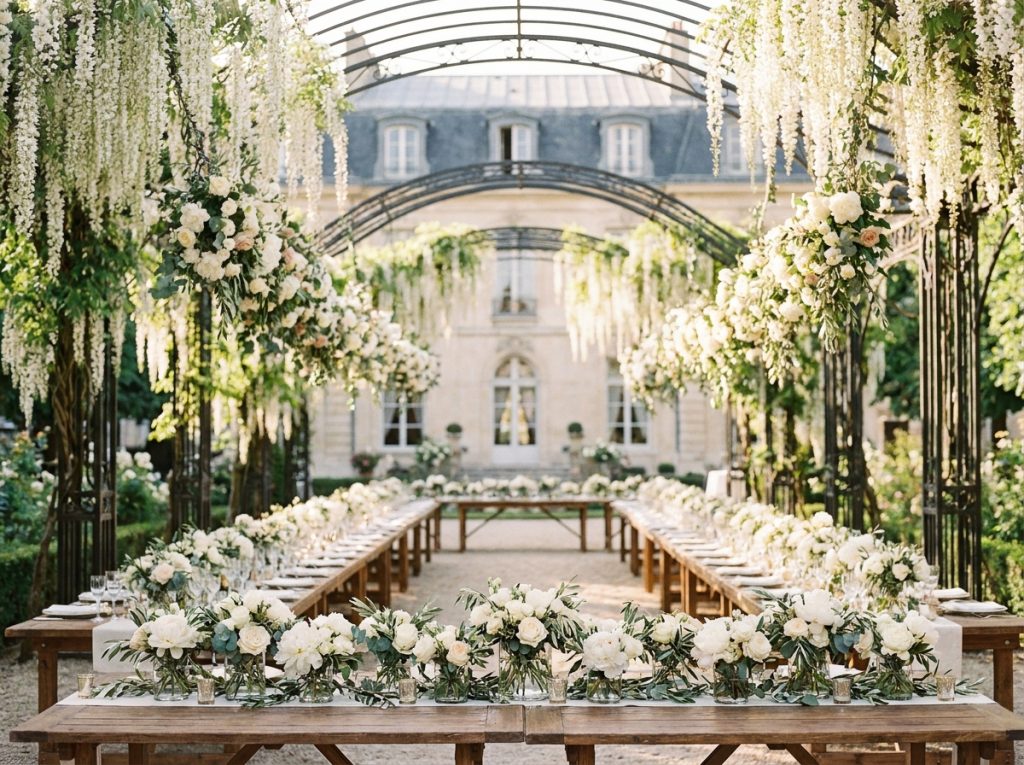 Décoration florale de mariage en plein air à Paris avec pivoines blanches et verdure sur tables en bois rustiques