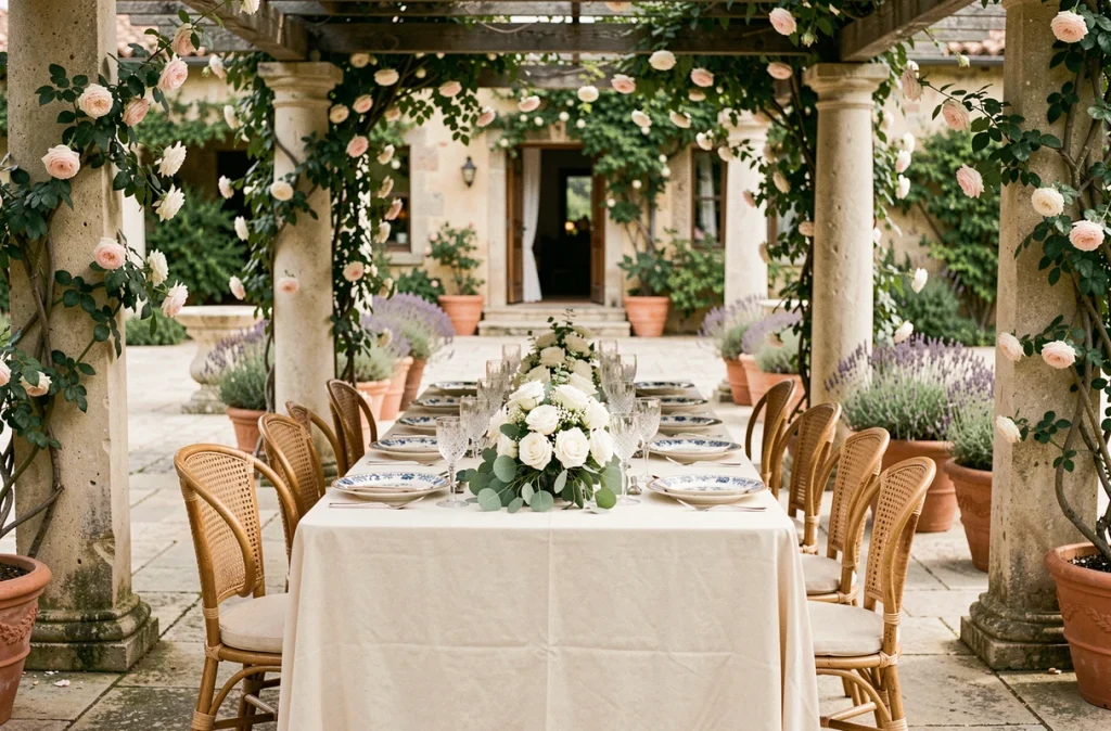 Table de réception de mariage de luxe sous une pergola en pierre dans un domaine du Var