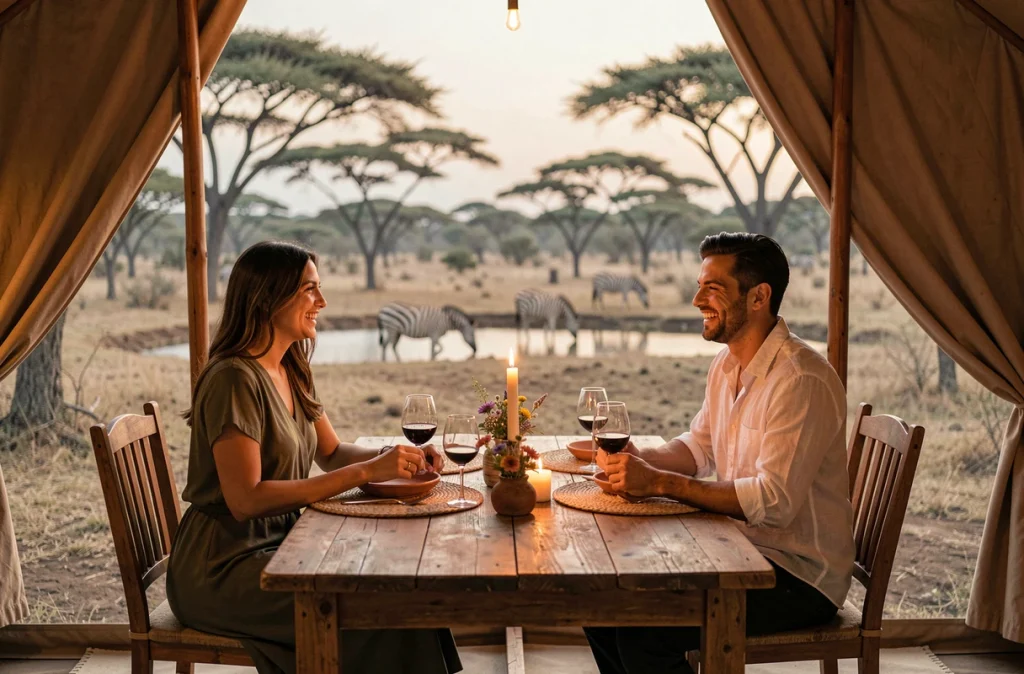 Couple de jeunes mariés savourant un dîner romantique en plein air dans un camp de luxe lors de leur safari de noces en Afrique